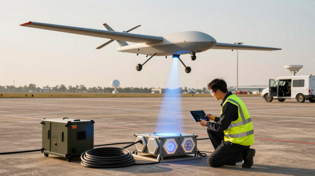 Drohne im Landeanflug auf eine Landestation, Technikexperte bedient Steuerung mit Tablet auf Flugfeld.