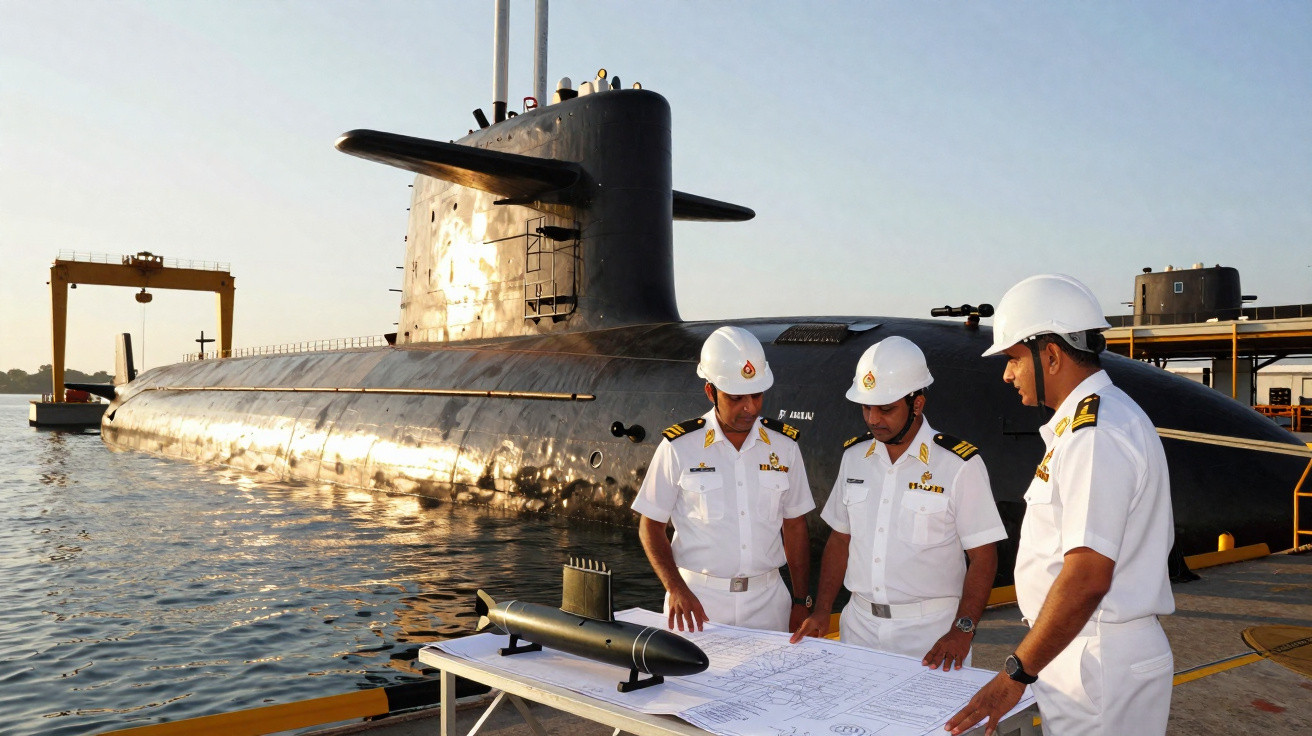 Drei Marineoffiziere in Uniform und Helm prüfen Pläne neben einem U-Boot im Sonnenlicht im Hafen.