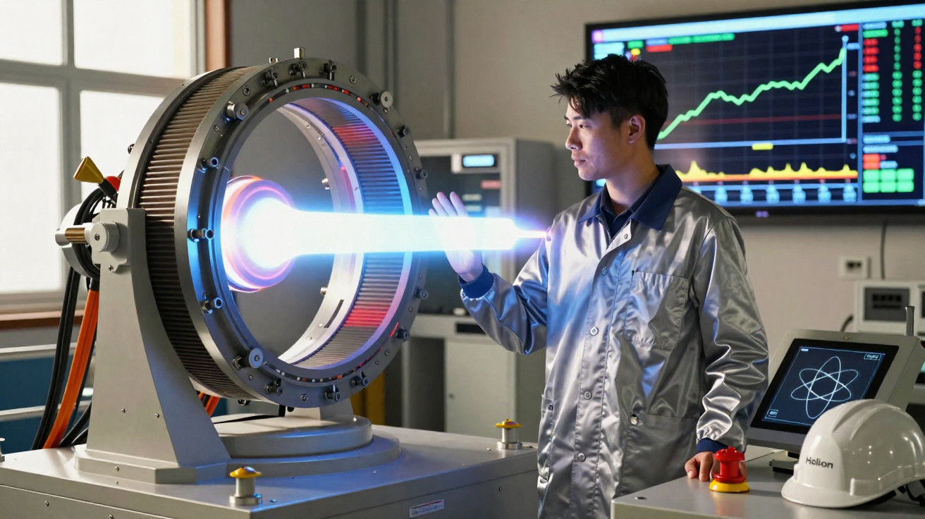 Wissenschaftler in Schutzkleidung untersucht leuchtenden Strahl aus futuristischer Maschine im Labor mit Monitoren im Hinterg