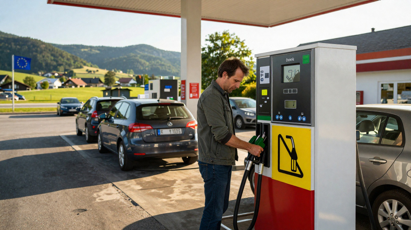 Mann tankt Auto an Zapfsäule an einer Tankstelle mit mehreren Fahrzeugen und Hügeln im Hintergrund.