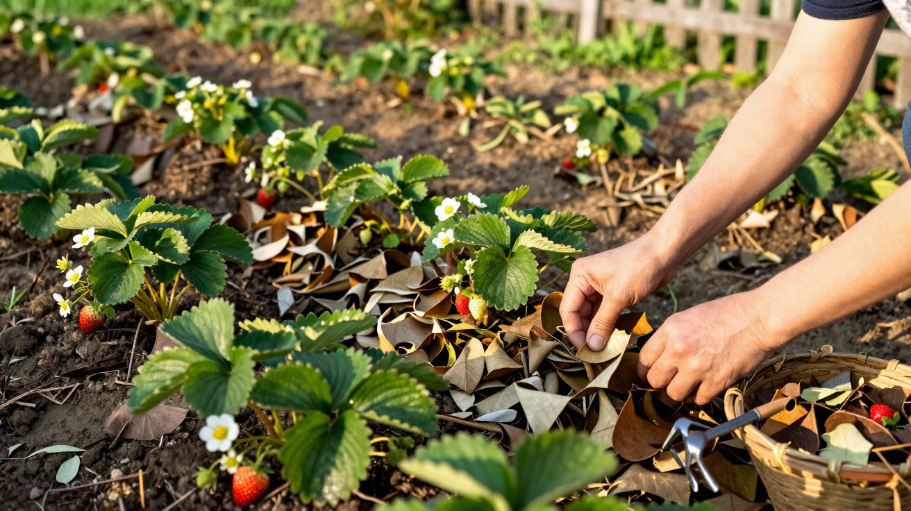 Hände bedecken Erdbeerpflanzen im Garten mit trockenen Blättern zum Schutz, reife Erdbeeren sichtbar.