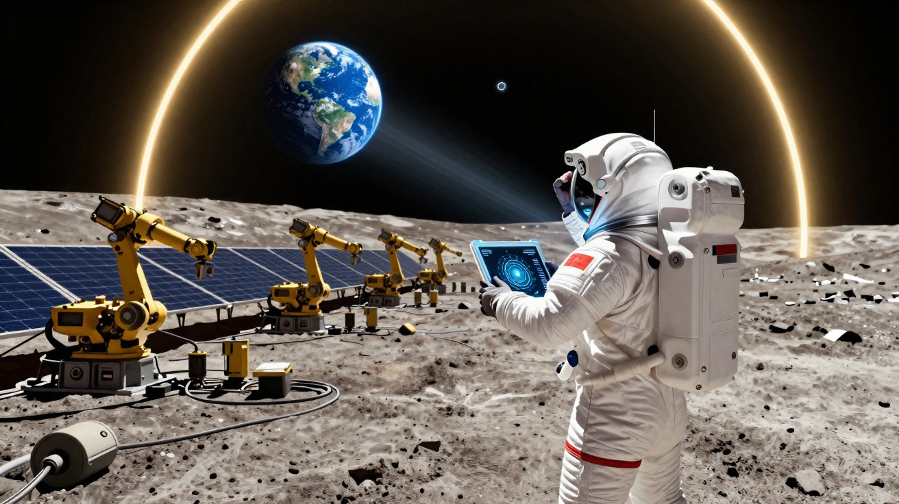 Astronaut auf Mond mit Tablet vor Solarpaneelen, Erde und Sonnenschein im Weltraumhintergrund.