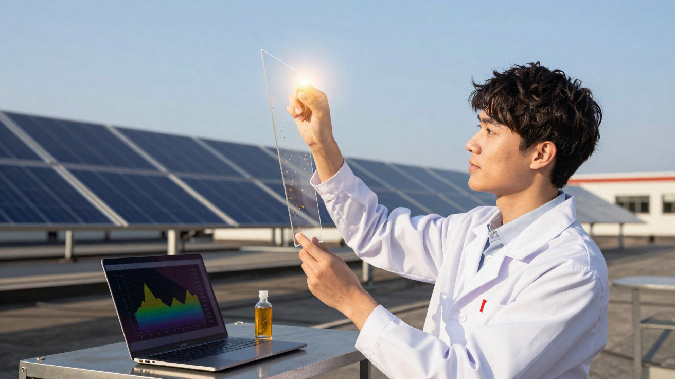 Mann in Laborjacke untersucht lichtdurchlässiges Material vor Solarpanelen mit Laptop und Flasche auf Metalltisch.