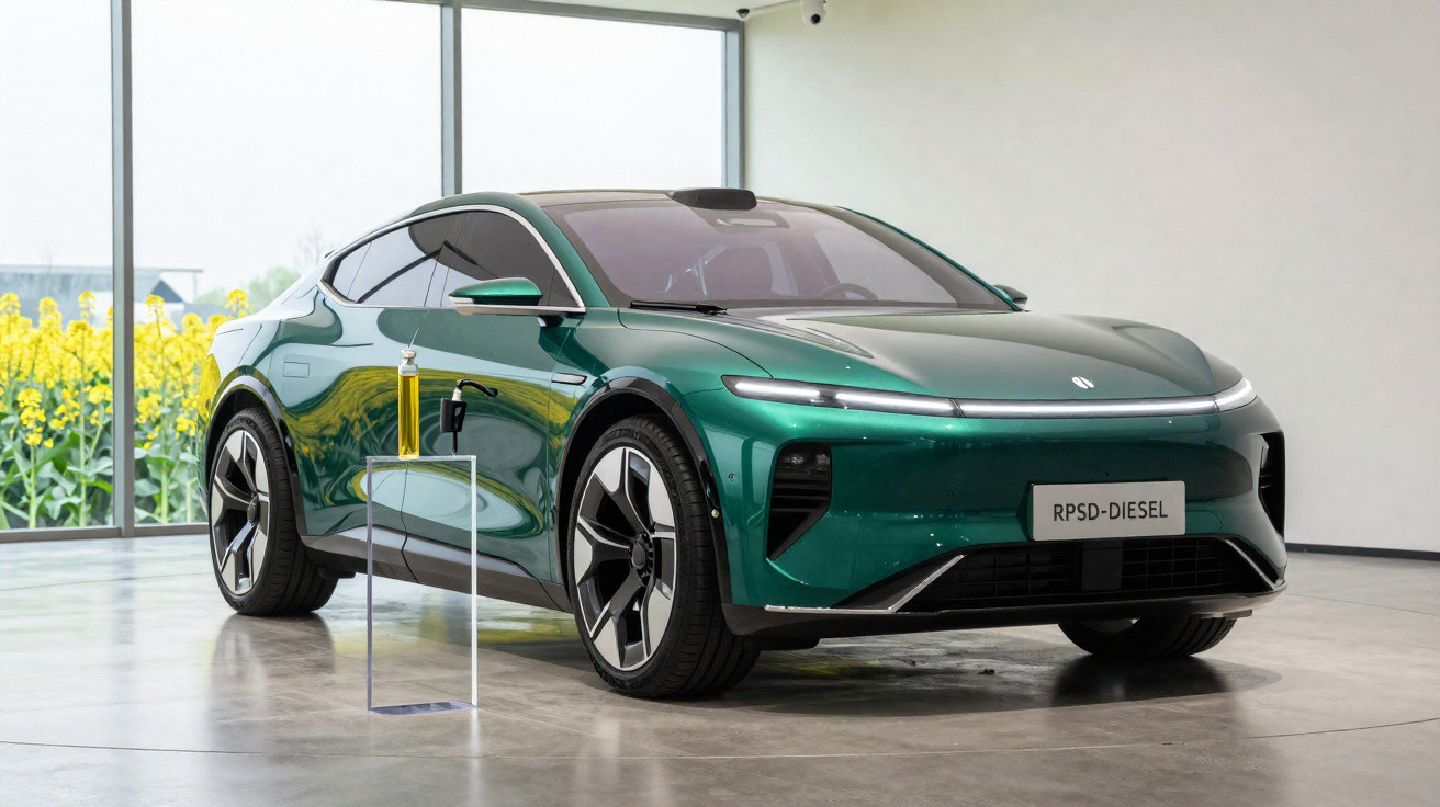 Grünes Elektroauto in modernem Raum mit großen Fenstern und Blumensicht im Hintergrund.