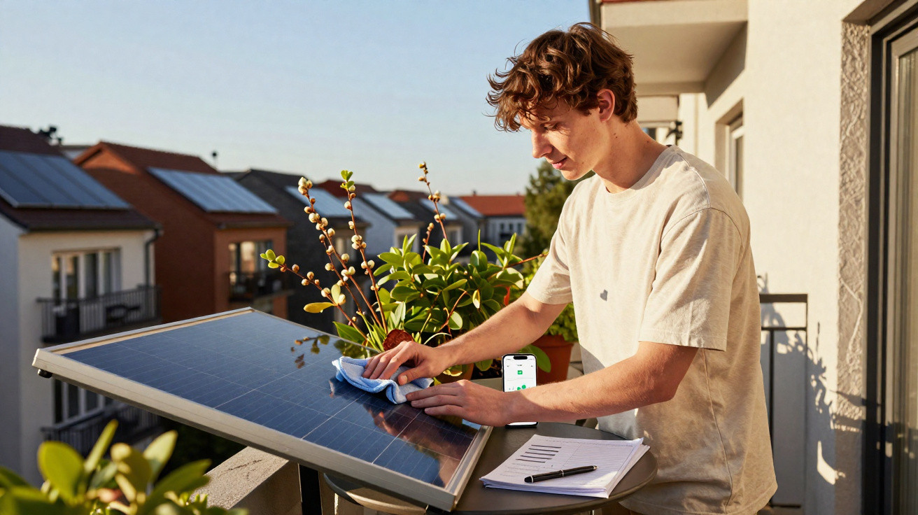 Junger Mann reinigt Solarpanel auf Balkon mit Pflanzen und Wohnhäusern im Hintergrund.
