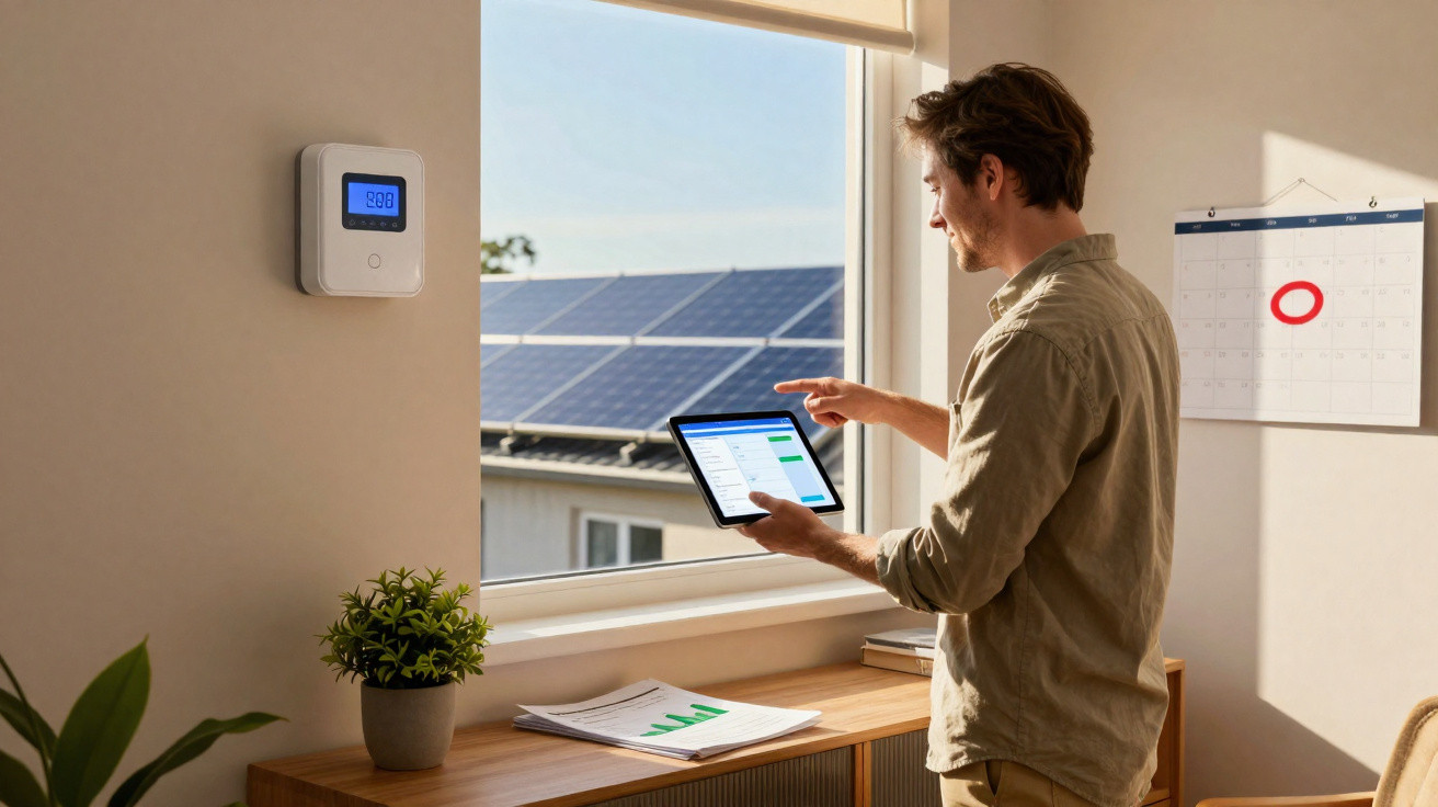 Mann prüft Energiedaten auf Tablet, Solarzellen auf Dach, Wandthermostat und Kalender mit rotem Kreis sichtbar.