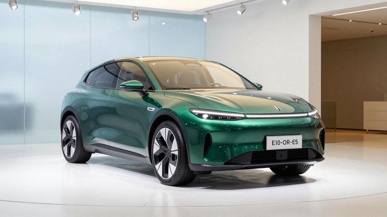 Grünes Elektroauto in einem hellen, modernen Ausstellungsraum mit glänzenden Flächen und minimalistischer Einrichtung.
