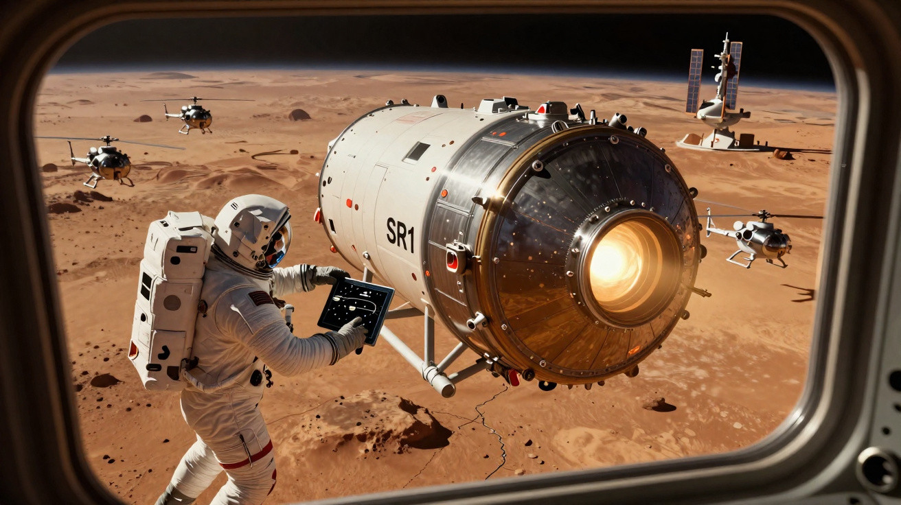 Astronaut repariert eine Raumsonde mit Drohnen über der Marsoberfläche, aufgenommen aus einem Raumschiff.