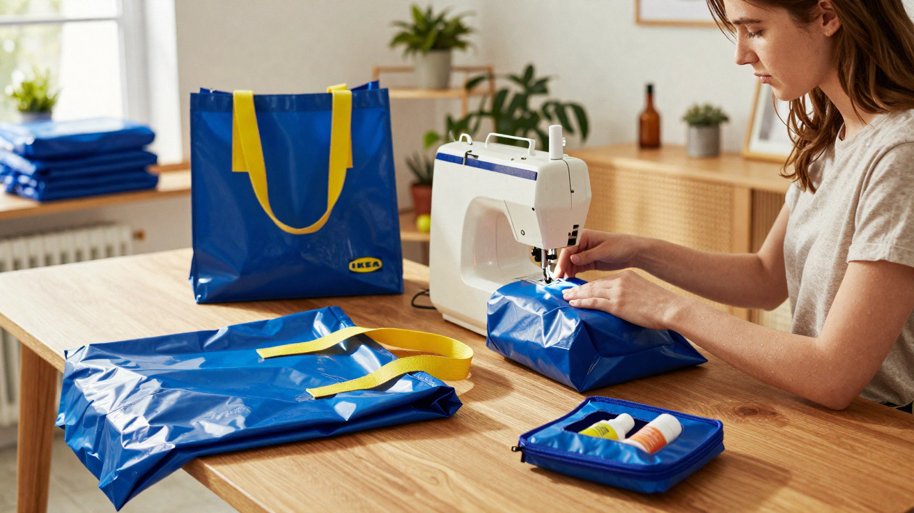 Frau näht blaue Ikea-Tasche an Nähmaschine, weitere Taschen und Nähzubehör liegen auf Holztisch.