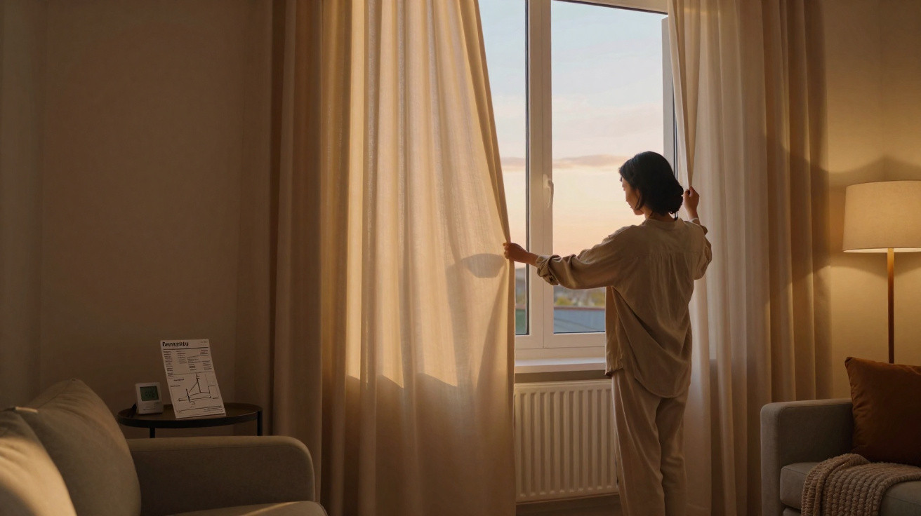 Frau öffnet Vorhänge in Wohnzimmer bei Sonnenuntergang, warme Lichtstimmung, gemütliche Einrichtung.
