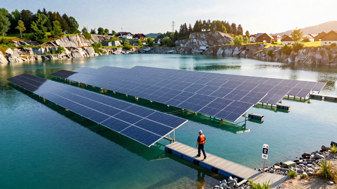 Schwimmende Solarpanels auf einem See, umgeben von Felsen und Häusern, mit Person auf Steg.