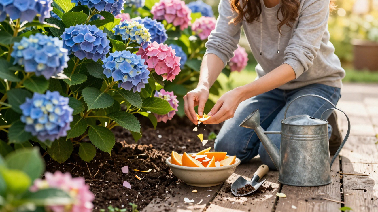 Frau zerkleinert Orangenschalen neben blühenden Hortensien im Garten, mit Gießkanne und Gartenschaufel.