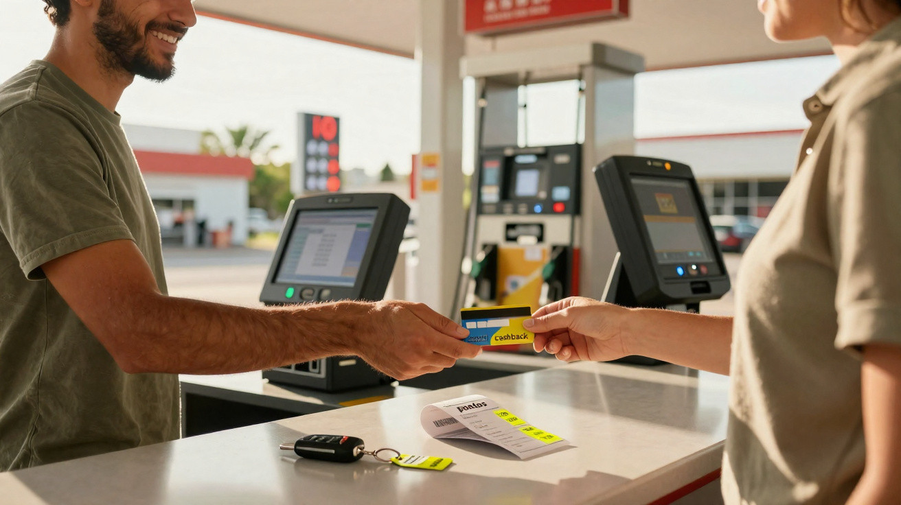 Mann und Frau tauschen Zahlungskarte an Kasse einer modernen Tankstelle aus.