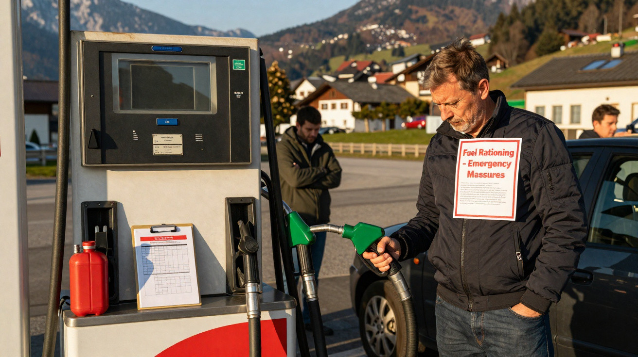 Mann tankt an Zapfsäule mit Schild „Fuel Rationing – Emergency Measures“ an ländlicher Tankstelle bei Sonnenuntergang.