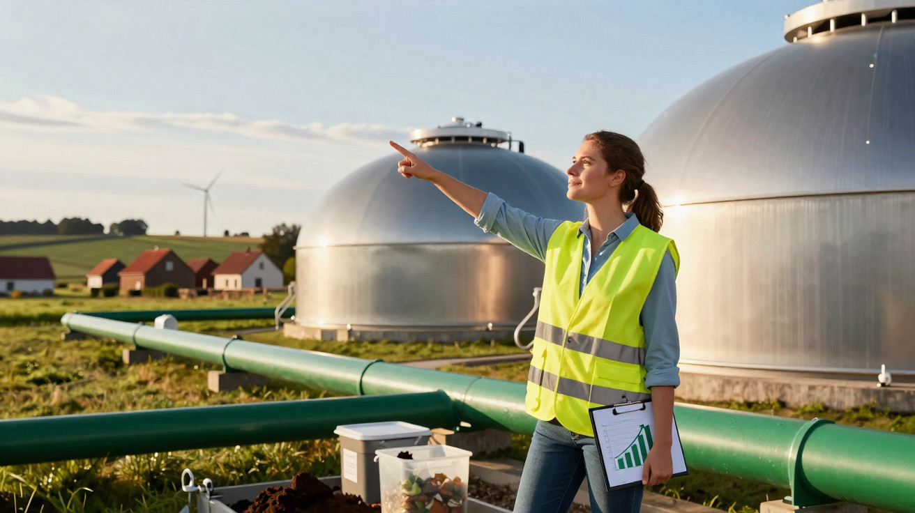 Frau mit Warnweste zeigt auf Biogasanlage im Sonnenlicht, umgeben von grüner Landschaft und Windrad im Hintergrund.