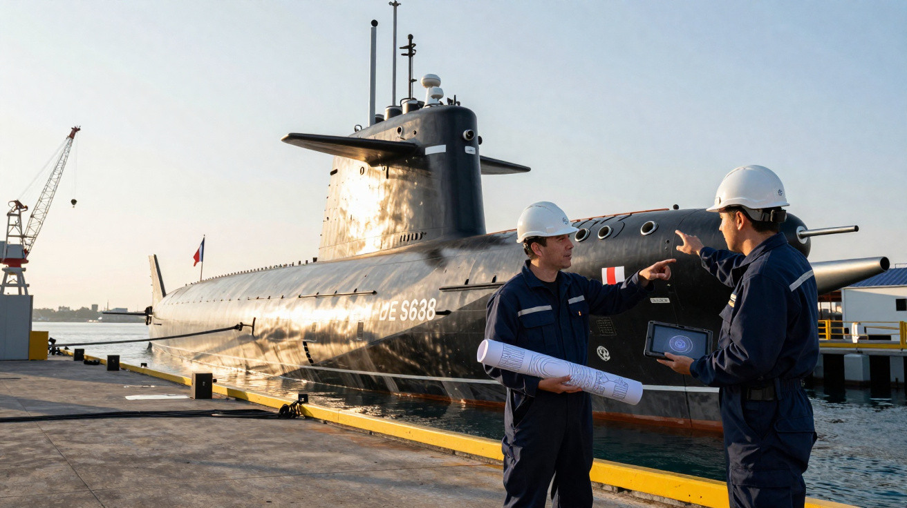 Zwei Arbeiter mit Helmen planen neben einem großen U-Boot am Hafen bei Sonnenlicht.