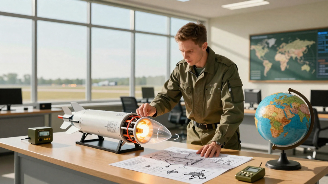 Mann in Uniform untersucht Modell einer Rakete auf einem Tisch mit technischen Zeichnungen und Globus.