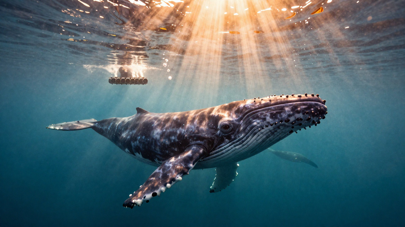 Junger Buckelwal schwimmt unter Wasser mit Sonnenstrahlen, die durch die Meeresoberfläche brechen.