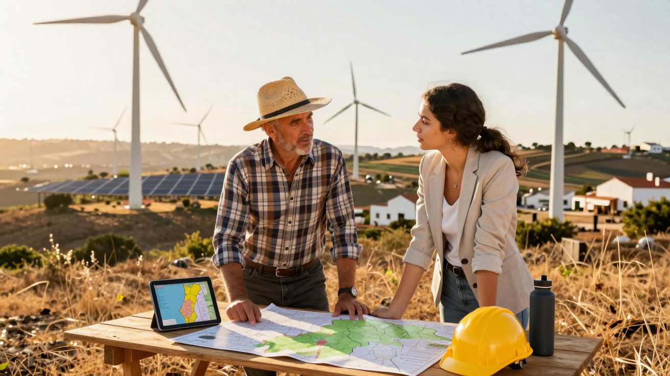 Mann und Frau besprechen erneuerbare Energieprojekte mit Windrädern und Solaranlagen im Hintergrund.