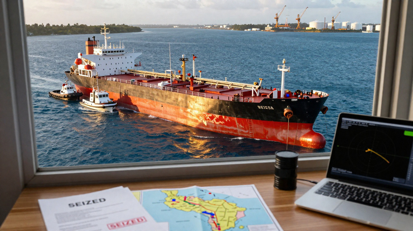 Blick aus einem Kontrollraum auf ein festgehaltenes Frachtschiff im Hafen mit Begleitschiffen und Karten auf dem Tisch.
