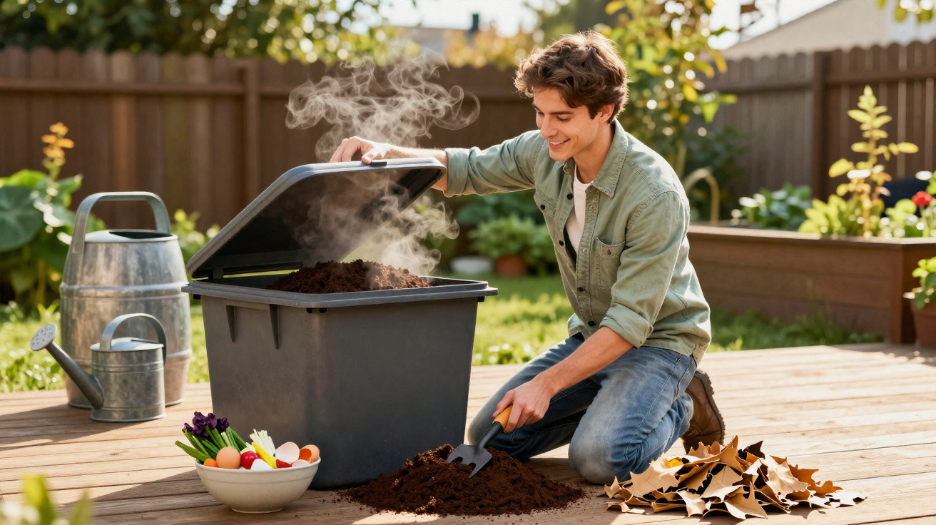 Junger Mann hebt Deckel von compost Behälter und arbeitet im Garten bei sonnigem Wetter.