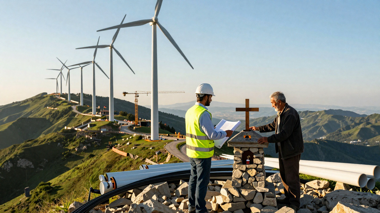Zwei Männer bei Windpark auf Berg, einer mit Bauhelm und Weste, neben kleinem Steinkreuz im Sonnenlicht.