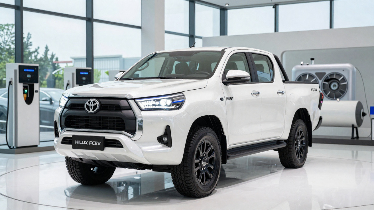 Weißer Toyota Hilux FCV Pickup im modernen Showroom mit großen Fenstern und Ladestationen im Hintergrund.
