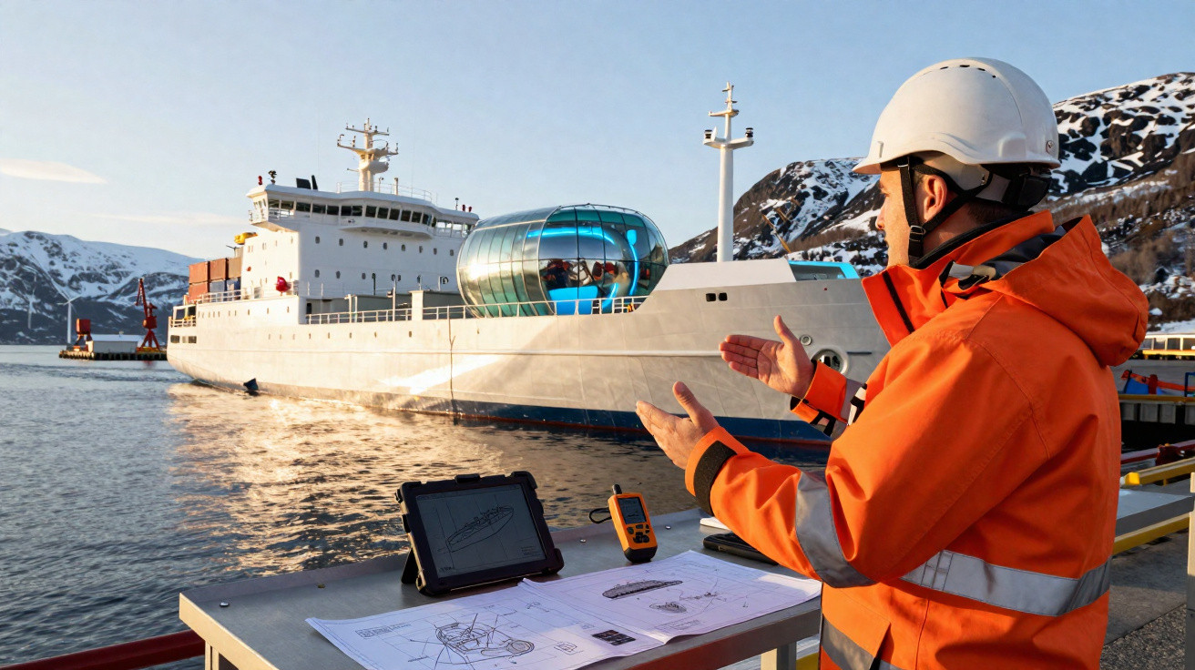 Ingenieur in orangefarbener Schutzkleidung überwacht ein futuristisches Schiff im Hafen bei Sonnenuntergang.