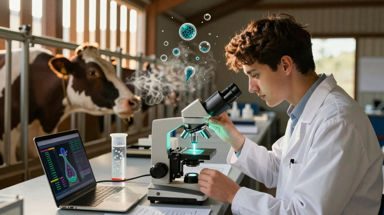 Junger Wissenschaftler untersucht Tierproben mit Mikroskop, Kuh im Hintergrund, Laptop mit Datenanalyse.