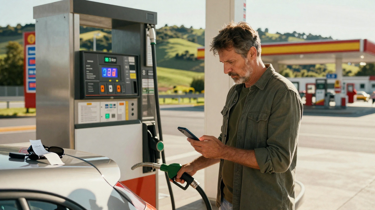 Mann an Tankstelle betankt Auto und schaut auf sein Smartphone bei sonnigem Wetter.