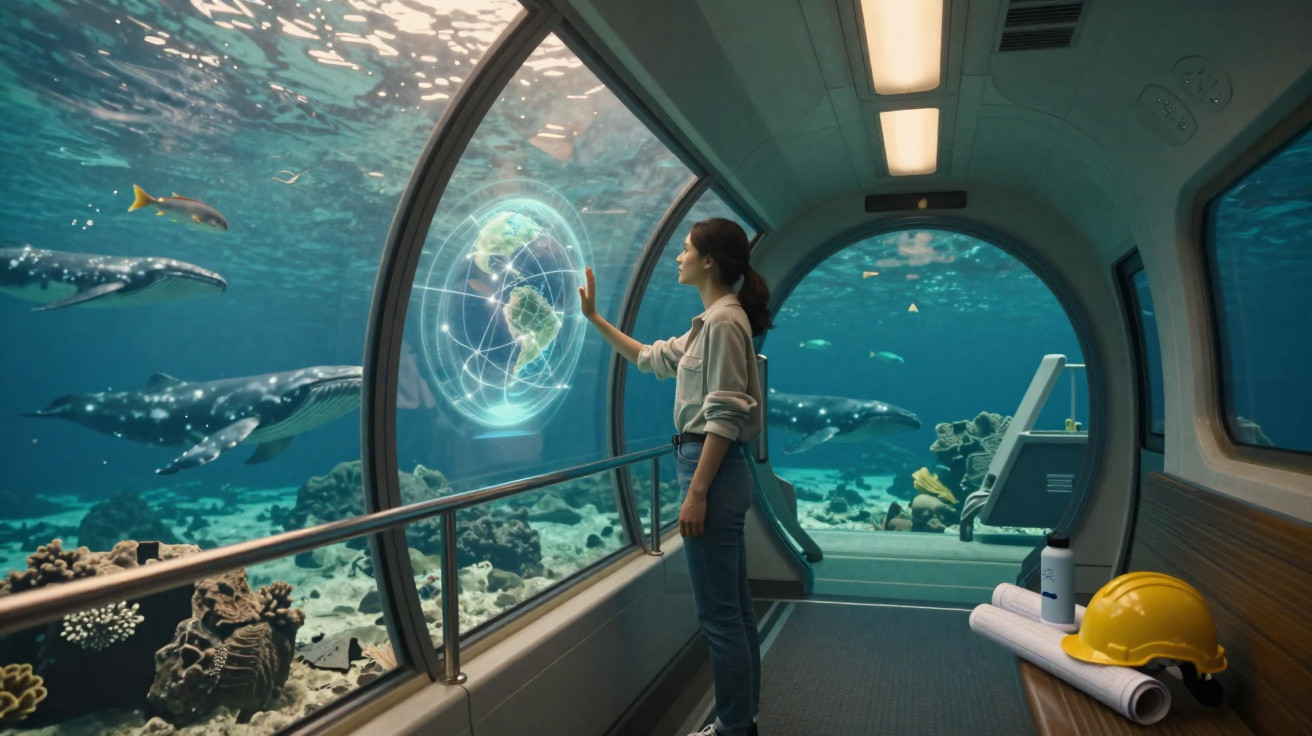 Frau in Unterwasserstation interagiert mit holografischem Globus, umgeben von Walen und Fischen.
