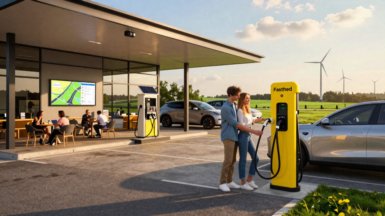 Paar lädt Elektroauto an gelber Fastned-Säule an moderner Raststätte mit Windrädern im Hintergrund.