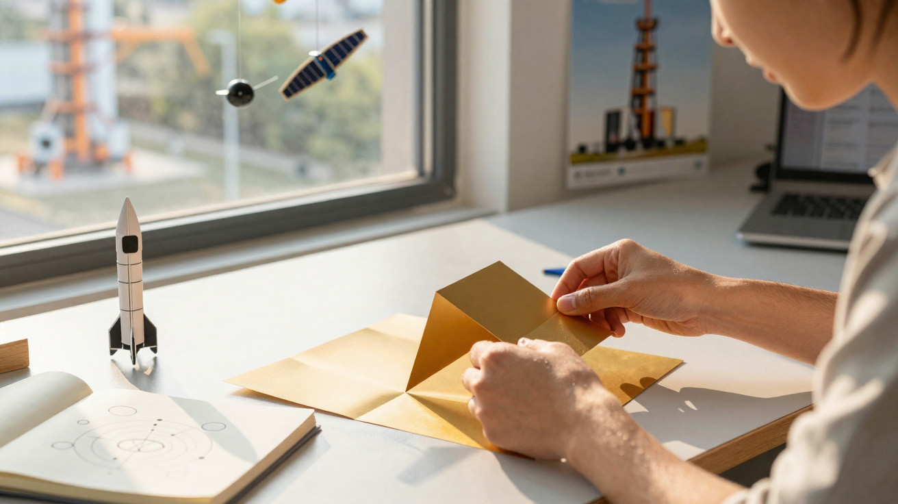 Person faltet ein braunes Papier auf einem Schreibtisch mit Modellrakete und Weltraumzeichnung neben Fenster.