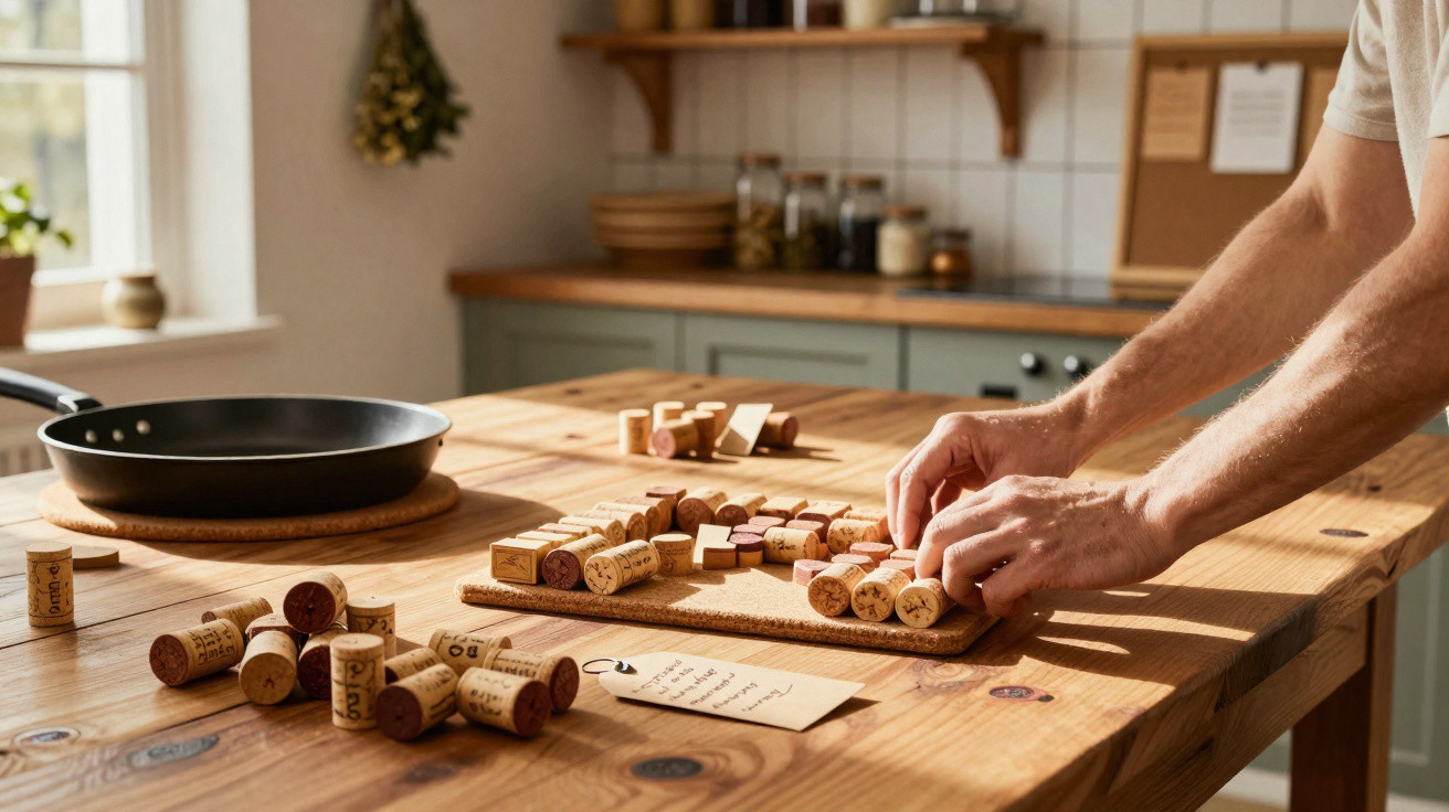 Hände ordnen Wein-Korken auf einem Holztisch in einer hellen Küche mit Kochpfanne und Gewürzen.
