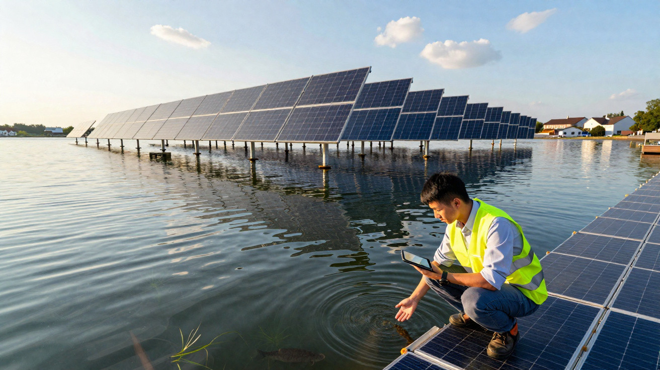 Mann mit Warnweste überprüft Wasserqualität neben schwimmenden Solarpanels auf See bei klarem Wetter.