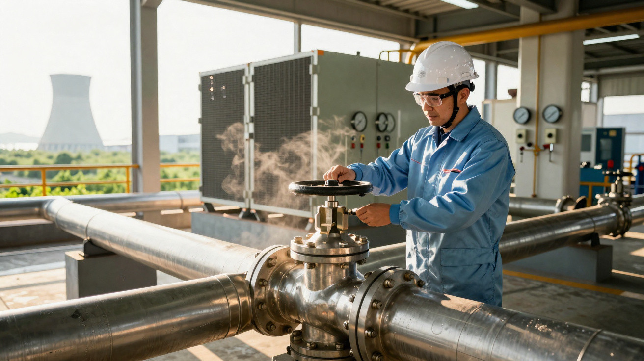 Ingenieur in Schutzhelm und Schutzbrille bedient Ventil an Rohrleitung in Industrieanlage mit Kühlturm im Hintergrund.