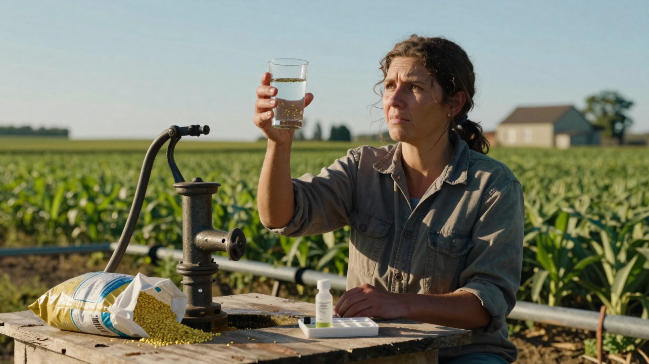 Frau inspiziert Wasserprobe auf einem Feld, neben ihr ein Beutel mit gelben Saatkörnern und eine Pumpe.