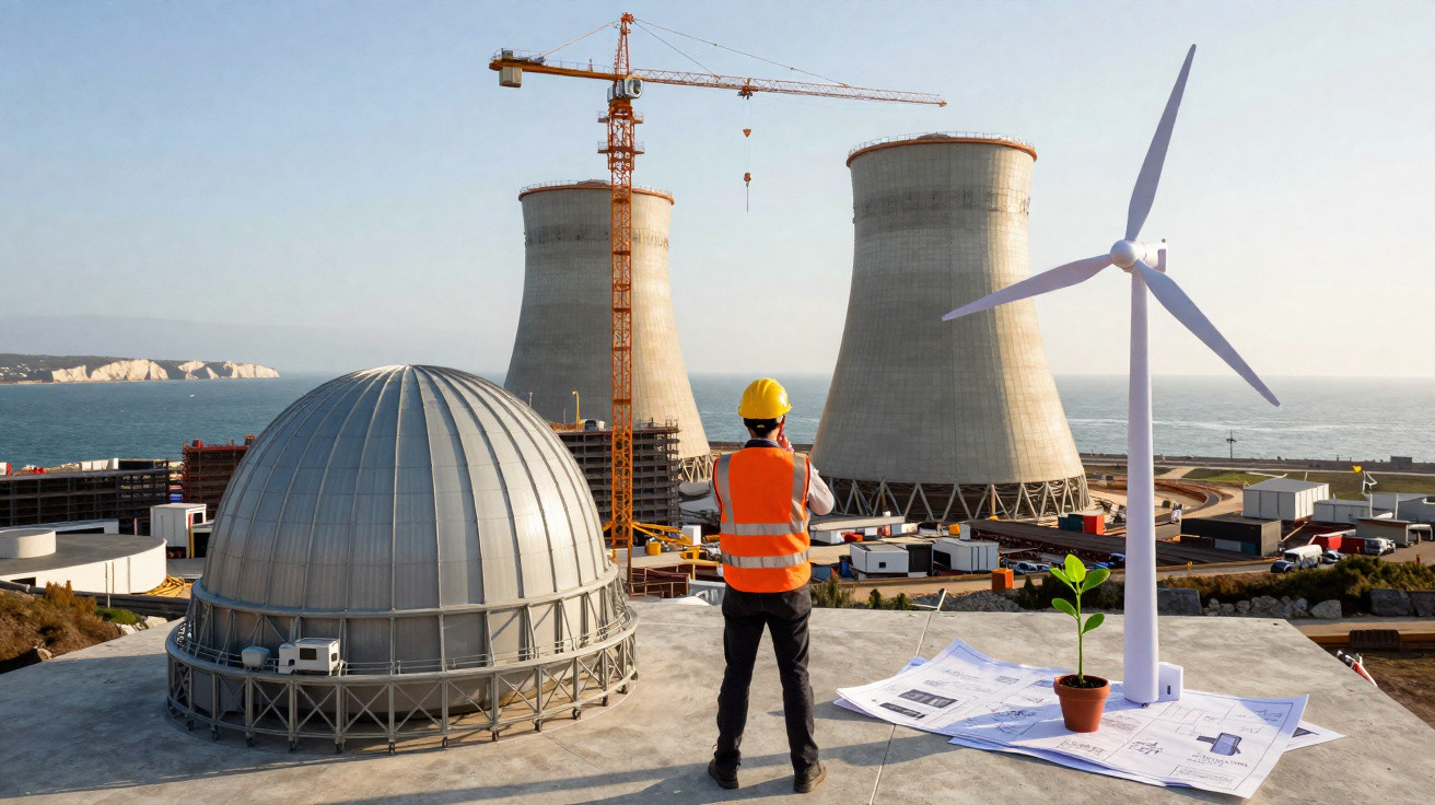 Ingenieur mit Helm und Warnweste blickt auf Kühlreaktoren, Windradmodell und junge Pflanze auf Industrieanlage am Meer.