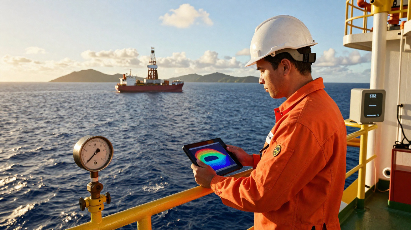 Arbeiter auf Ölplattform mit Helm kontrolliert Messdaten auf Tablet vor dem Meer mit Bohrschiff im Hintergrund.