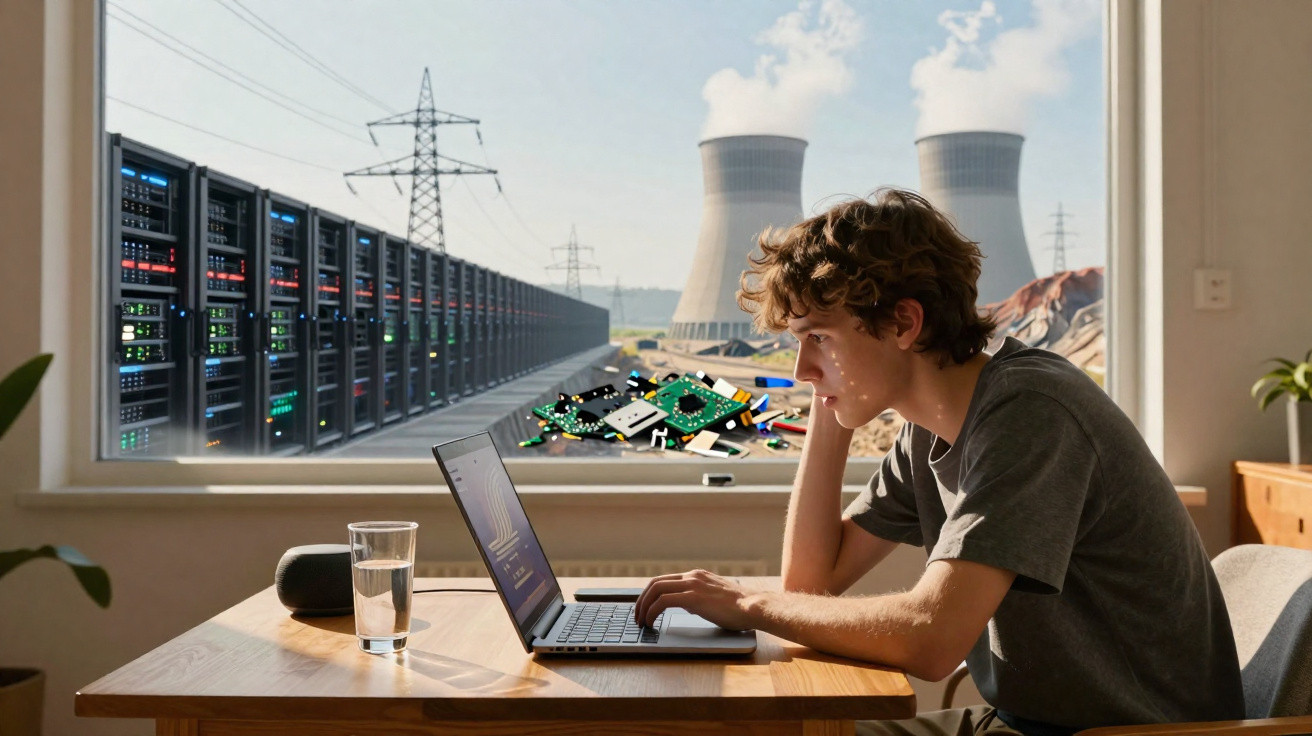 Junger Mann arbeitet am Laptop vor Fenster mit Blick auf Rechenzentrum und Atomkraftwerk.