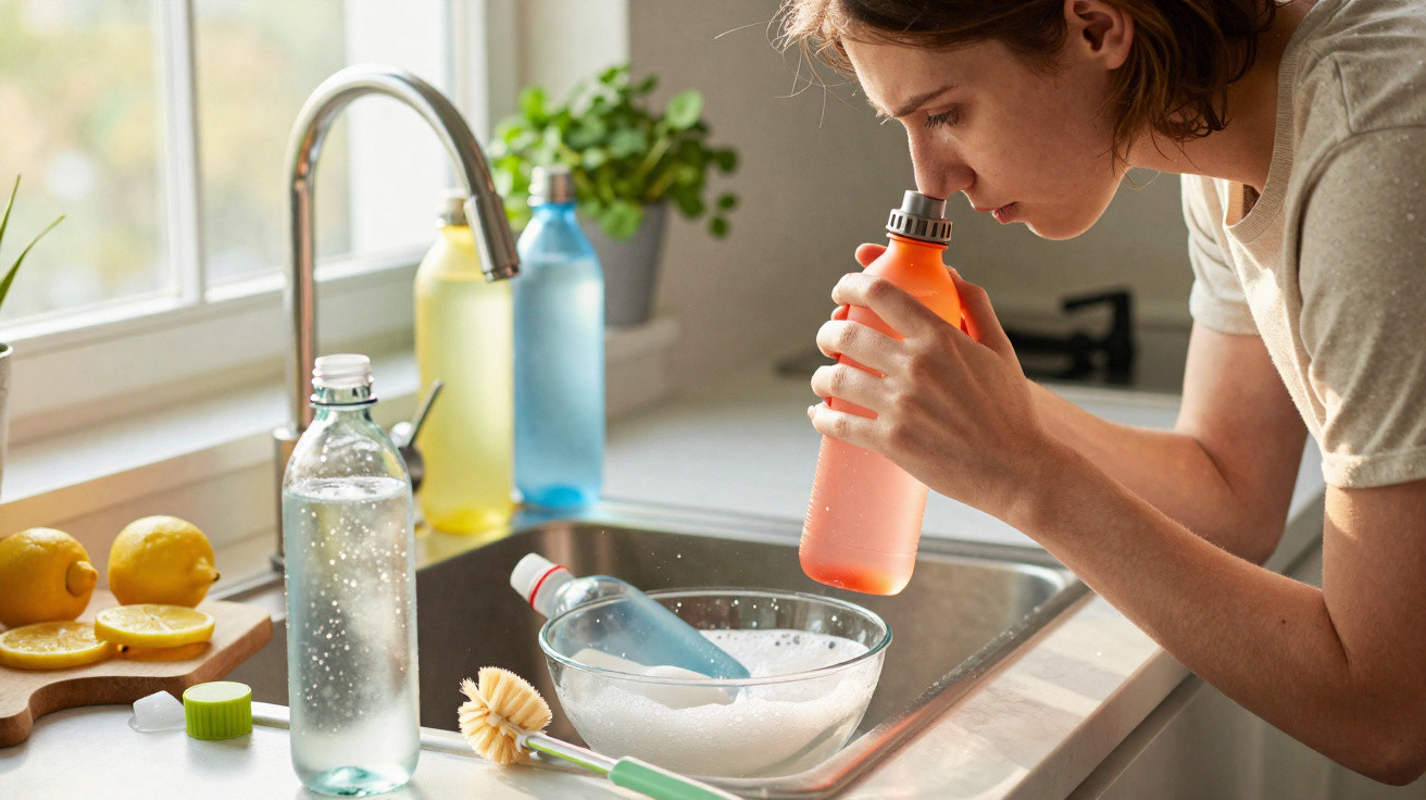Frau riecht an orangefarbener Trinkflasche in Küche neben Spüle mit Reinigungsmittel und Wasserflaschen.