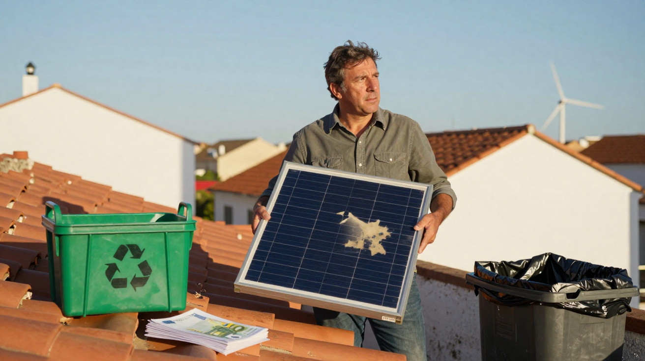 Mann steht auf Dach und hält verschmutztes Solarpanel, daneben grüner Recyclingcontainer und schwarzer Mülleimer.