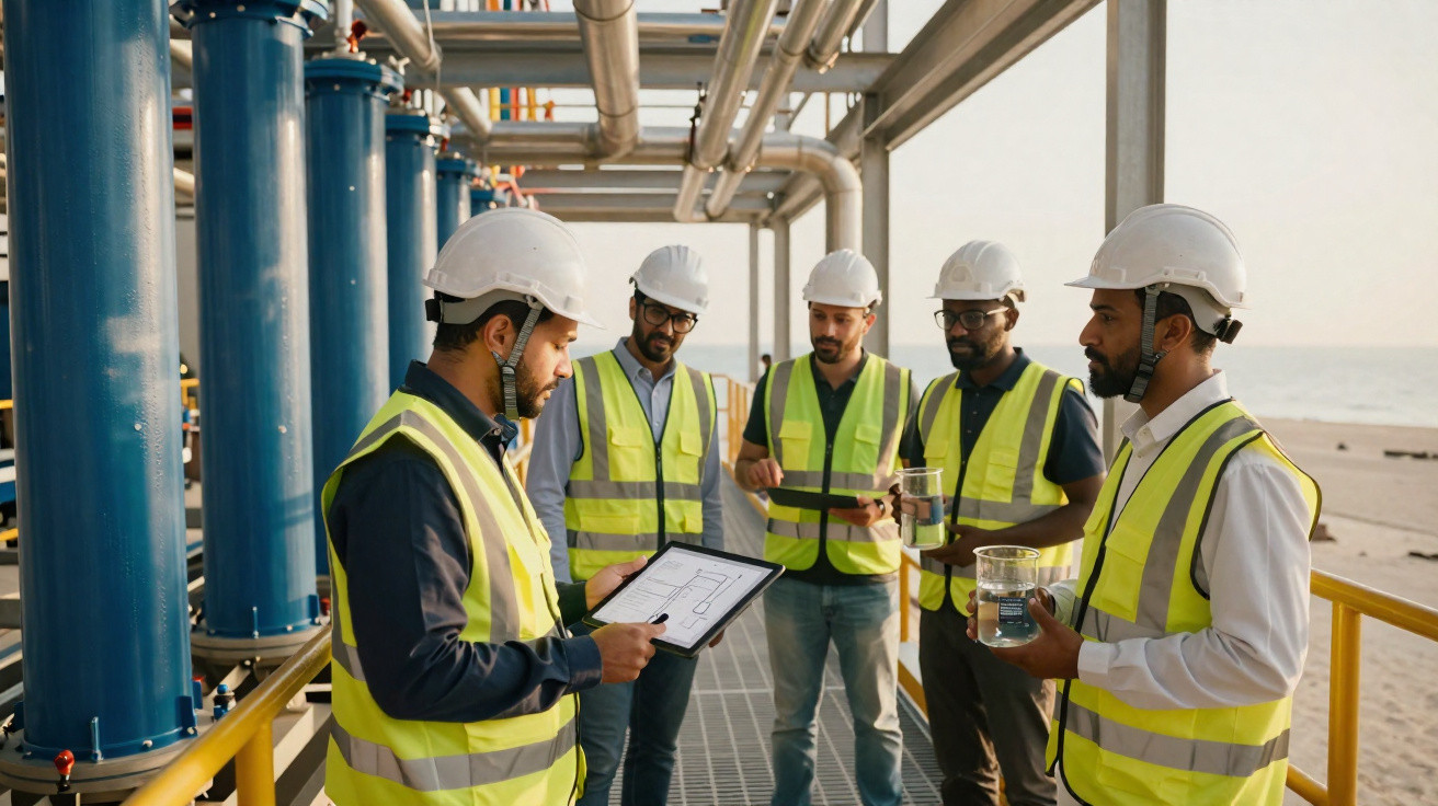 Fünf Arbeiter mit Schutzhelmen und Warnwesten besprechen Pläne und halten Laborproben in Industrieanlage am Meer.