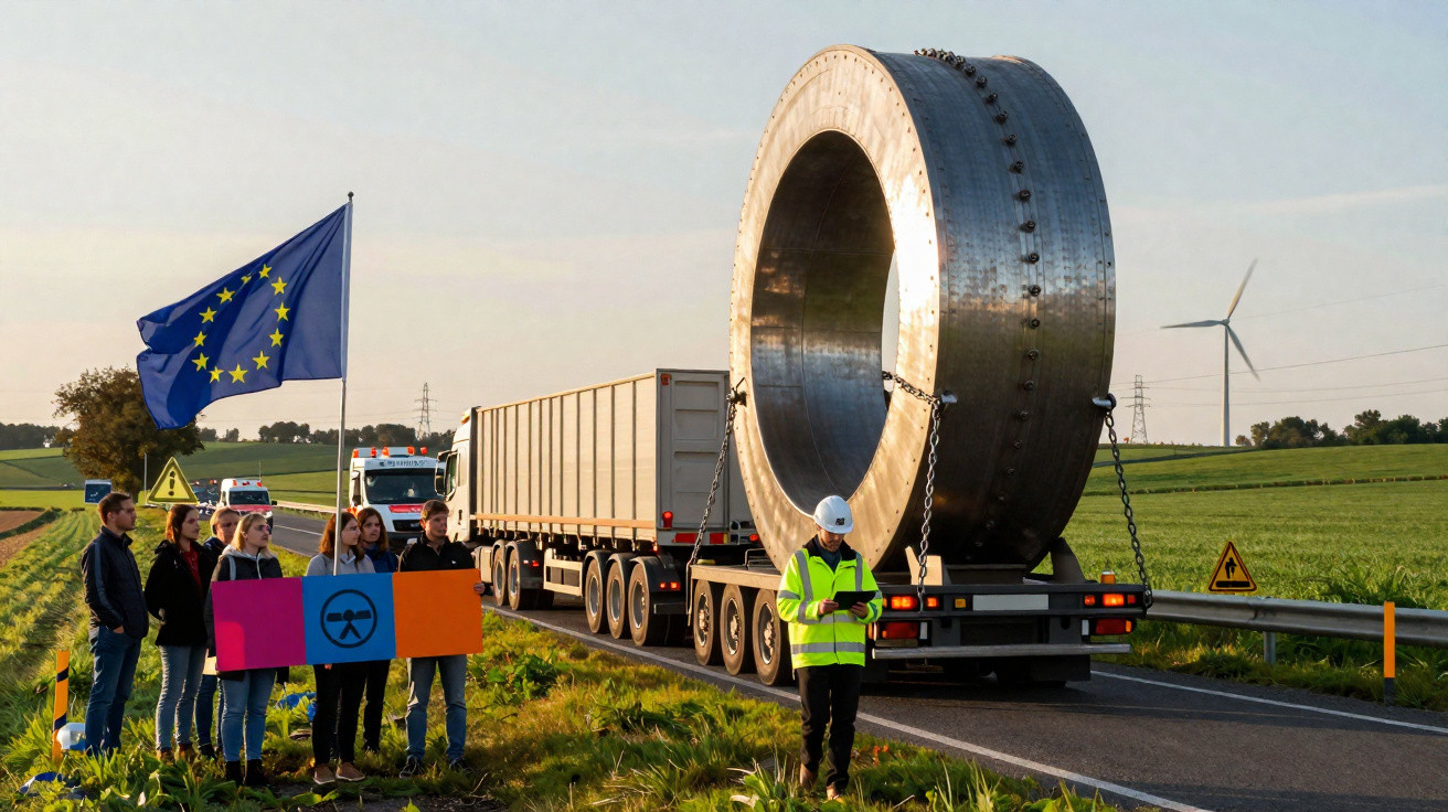 Menschen mit EU-Flagge und Transparenten neben Straße, überholen Sattelzug mit großem Industriebauteil im ländlichen Gebiet.