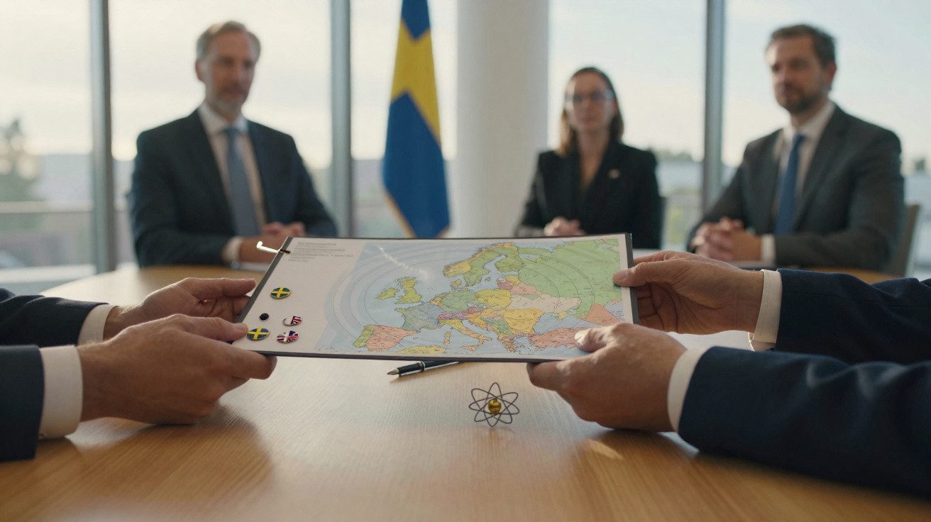 Menschen in Sitzung übergeben ein Dokument mit Europakarte, schwedische Flagge im Hintergrund, Konferenzraum.