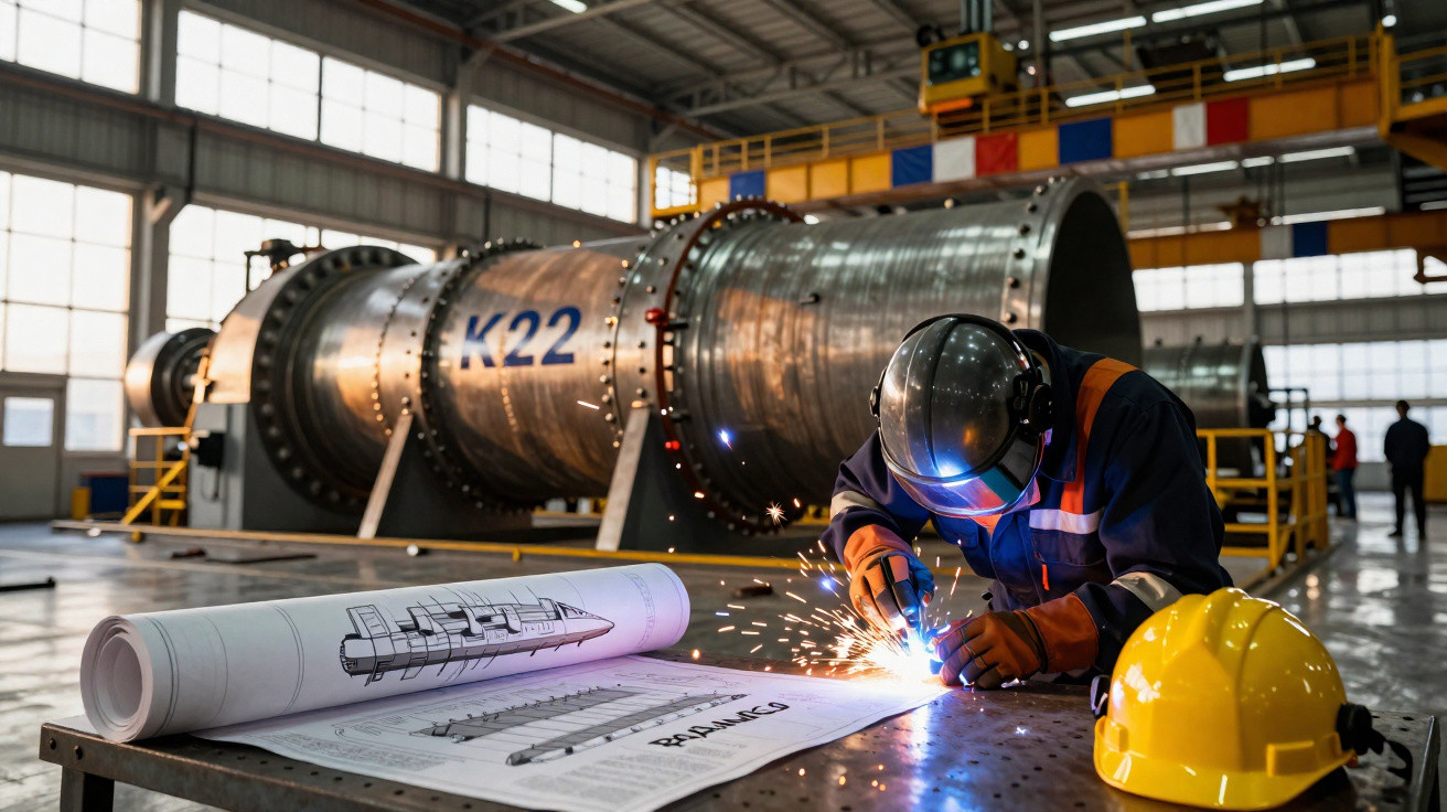Schweißer arbeitet an Metallteil in Fabrikhalle, technische Zeichnungen und Schutzhelm liegen auf Tisch.