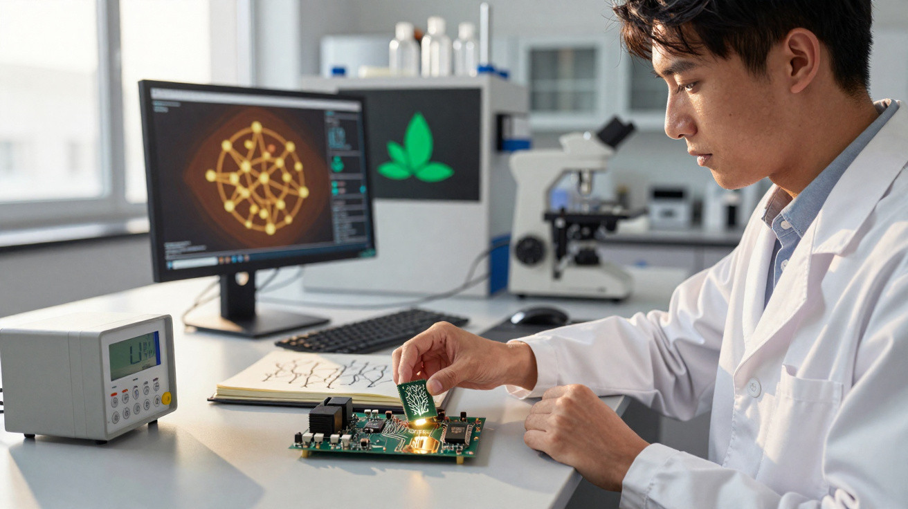 Wissenschaftler in Labor untersucht Leiterplatte mit Lupe, zwei Monitore und Laborgeräte im Hintergrund.