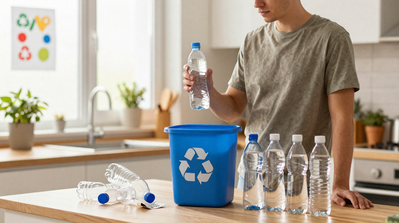Mann in Küche sortiert leere Plastikflaschen und wirft eine Flasche in blauen Recyclingbehälter.