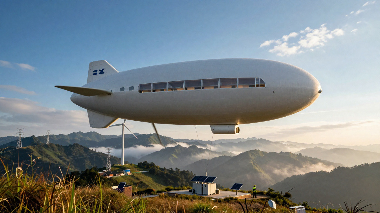 Weißes Überwachungsflugzeug in Form eines Luftschiffs über bergiger Landschaft bei Sonnenuntergang.