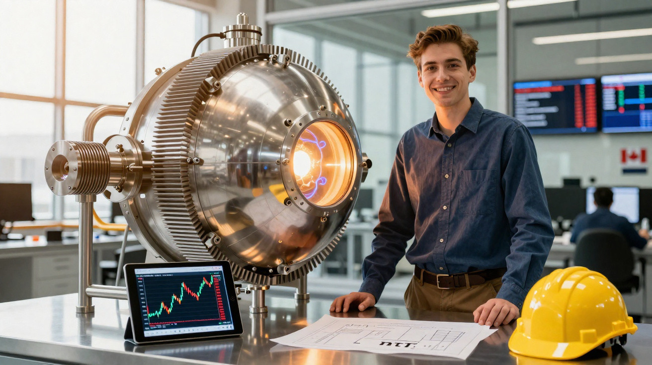Junger Ingenieur in modernem Labor mit technischem Gerät, Bauplan und gelbem Schutzhelm auf dem Tisch.